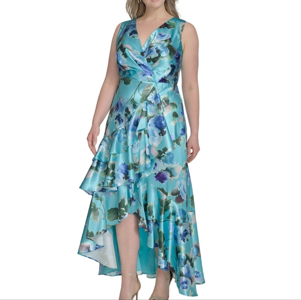 Eliza J Asymmetrical Blue and Green Floral Dress